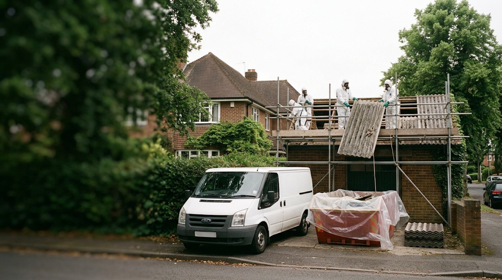 Trained operatives removing an old asbestos cement garage roof from a scaffold
