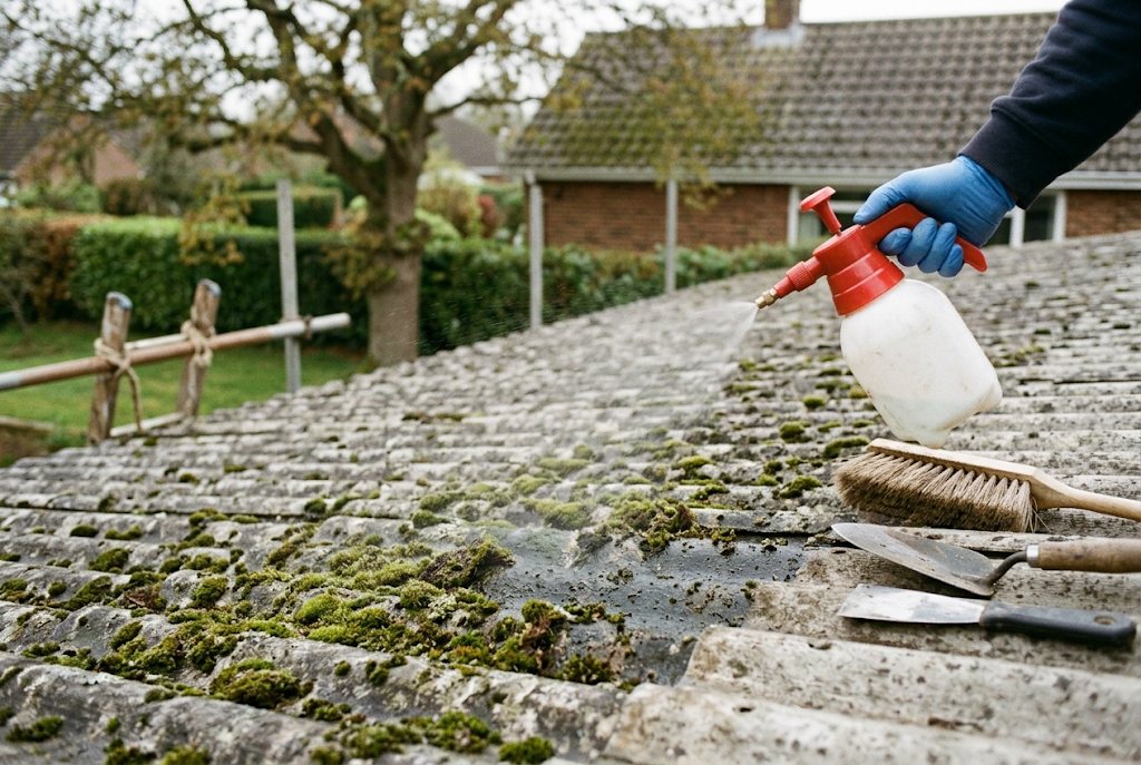 Operative wetting an old asbestos cement roof with a hand sprayer before removal